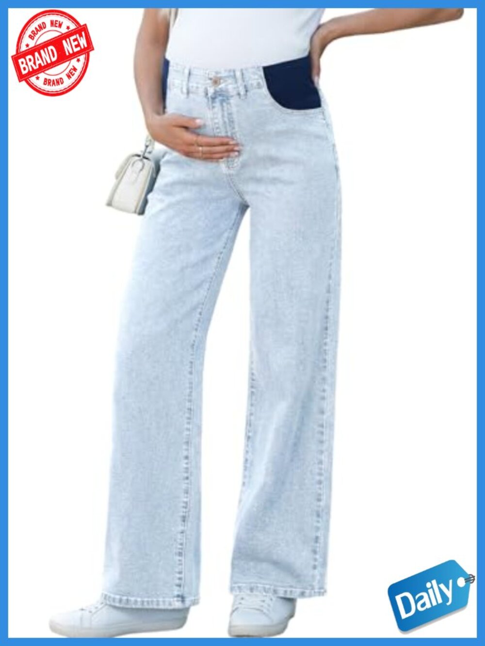 High Waisted Wide Leg Maternity Jeans Stretchy Pregnancy Denim Pants w/ Pockets